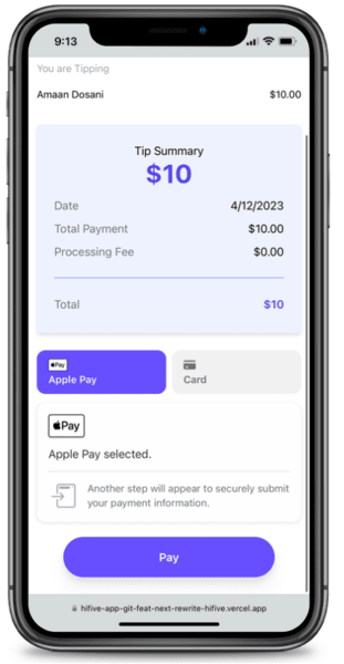 payment finalization screen in hifive
