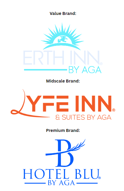 Logos from the AGA Hotel brands - Erth Inn, Lyfe Inn, and Hotel Blu