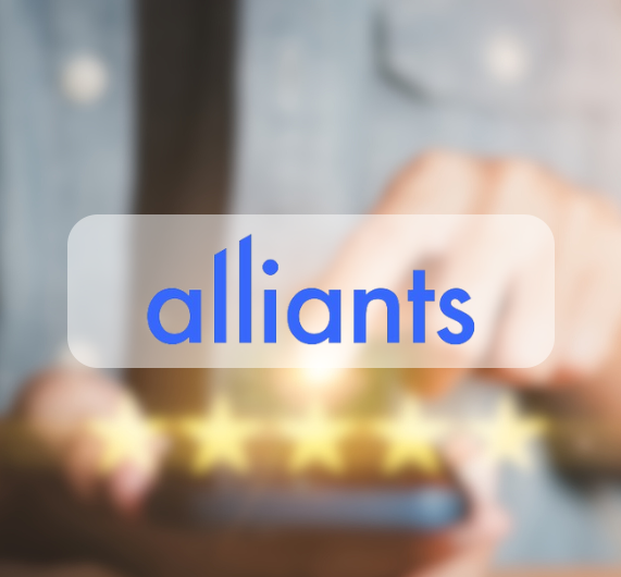 Alliants logo with image of 5 star and hand with phone