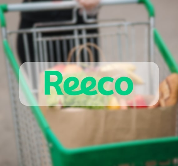Reeco logo with shopping cart with groceries
