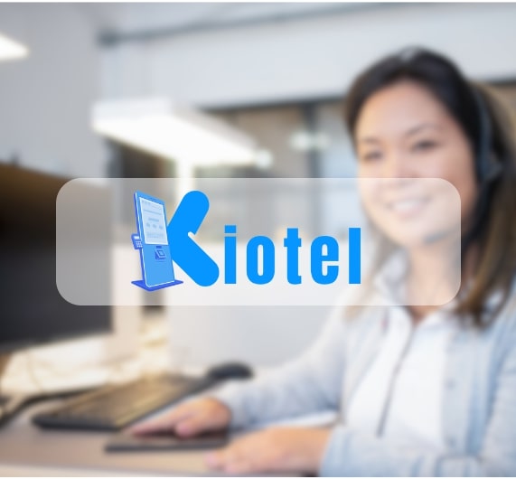 Kiotel logo with virtual receptionist image behind logo