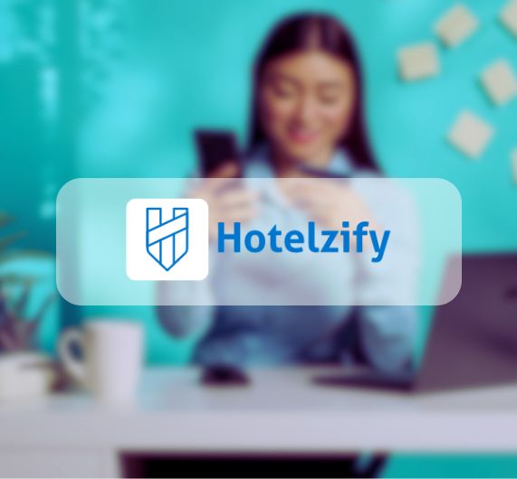 Hotelzify logo with women make online purchase from phone in background