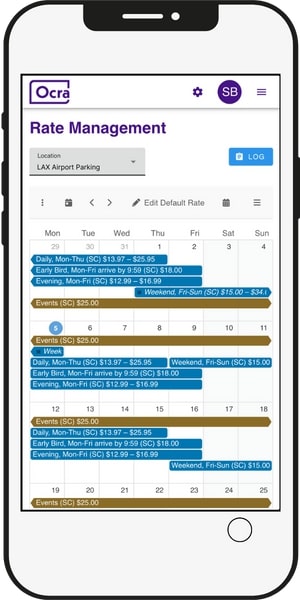 mobile screenshot from Ocra showing parking rates for a LAX property