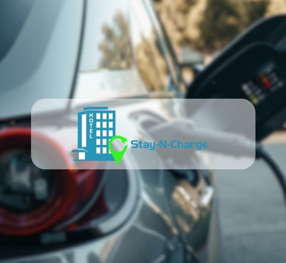 Stay-N-Charge logo over car with ev charger plugged in