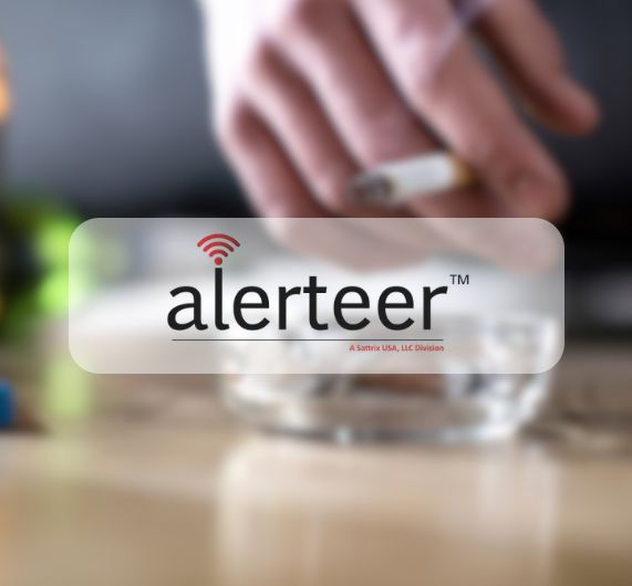 Alerteer logo with hand and cigarette in background