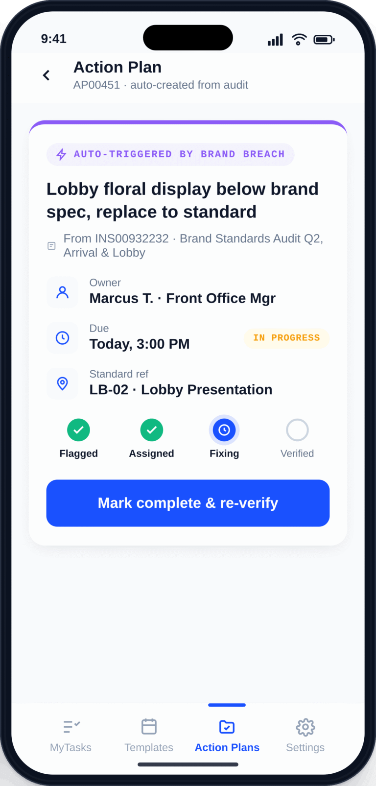 Oditly mobile app in phone showing an inspection