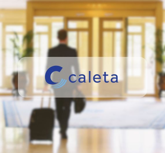 Caleta logo over an image of man with suitcase in hotel lobby