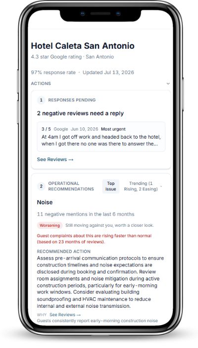 Caleta app in phone in horizontal view showing Caleta Review Analysis