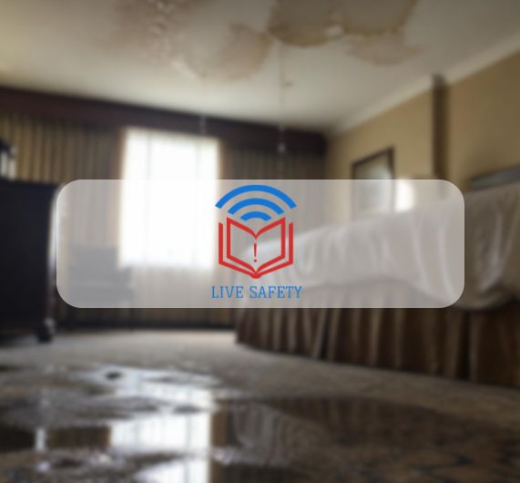 Live Safety logo over an image of water leak in a hotel room
